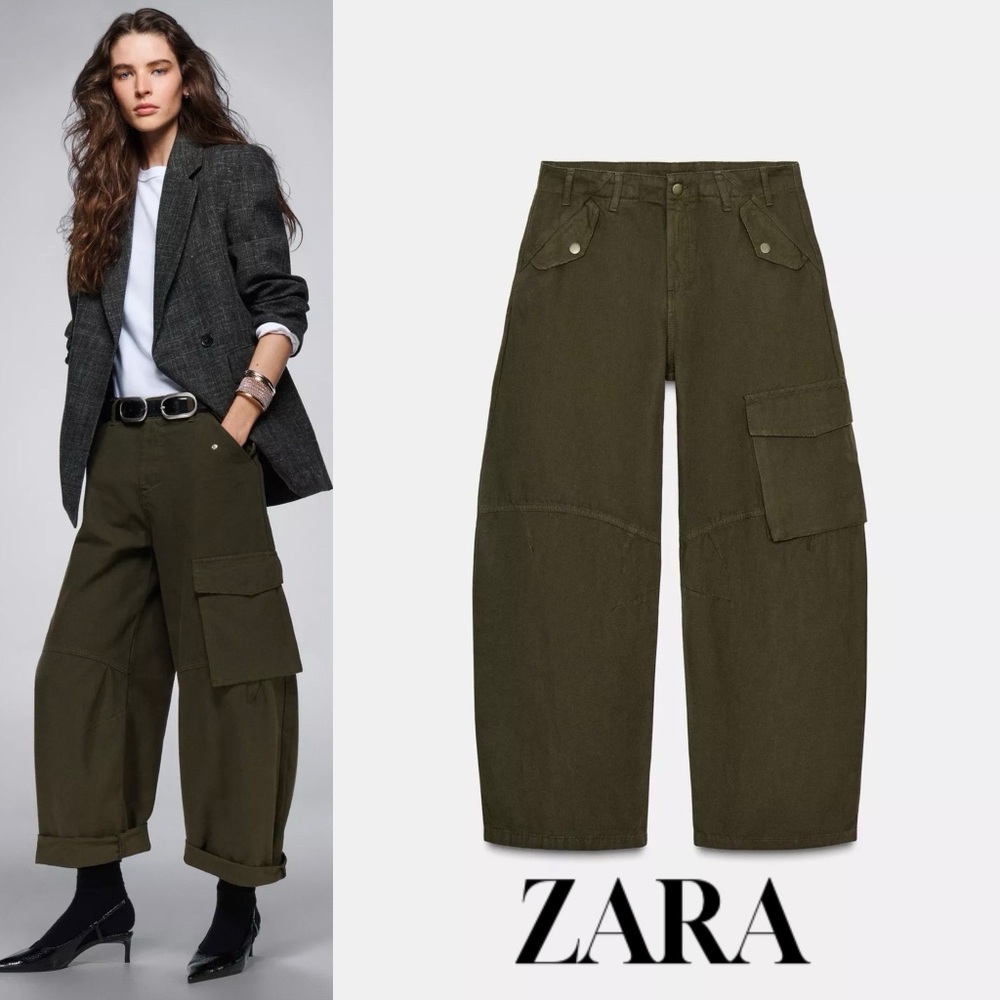 Zara Dark Green Wide-Leg Cargo Trousers bloggeres favorite